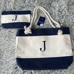 Navy and White Striped Canvas Tote with Monogram J by Yoolife